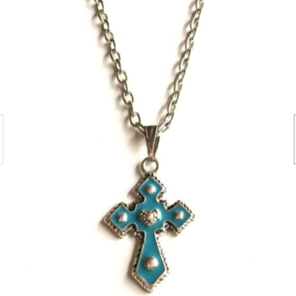 Silver Aqua Turquoise Southwestern Cross Necklace Enamel 20" Chain Plated